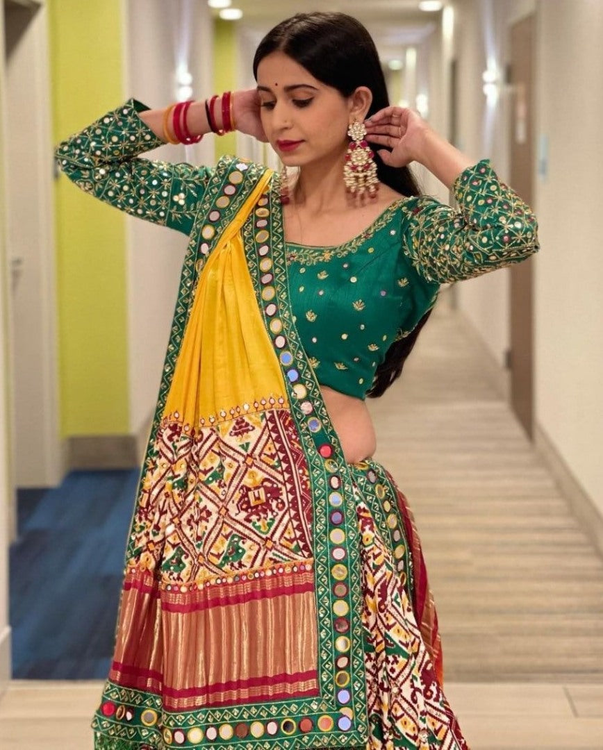 Multicolor butter silk digital printed mirror work navratri festival lehenga choli