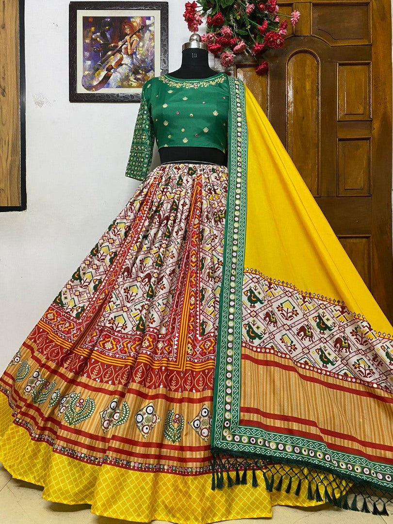 Multicolor butter silk digital printed mirror work navratri festival lehenga choli