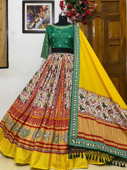 Multicolor butter silk digital printed mirror work navratri festival lehenga choli