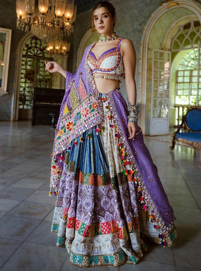 Multicolor butter silk digital printed mirror work navratri lehenga choli