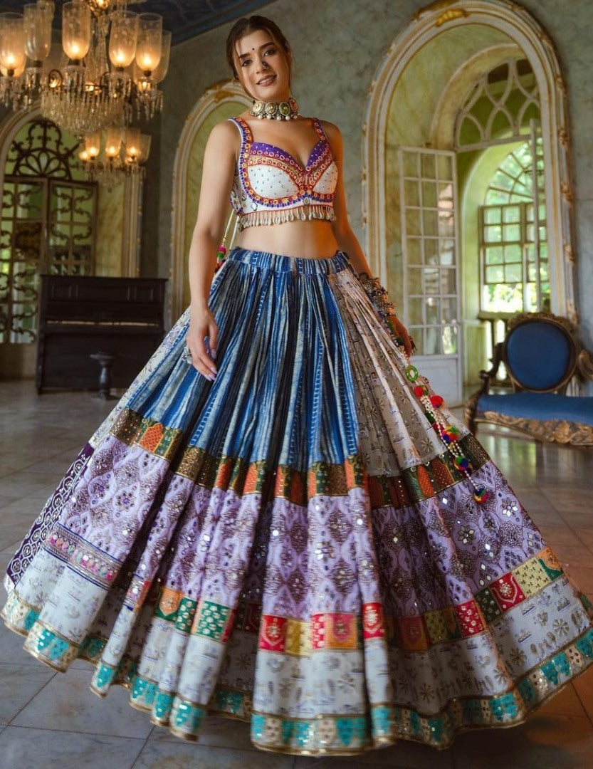 Multicolor butter silk digital printed mirror work navratri lehenga choli