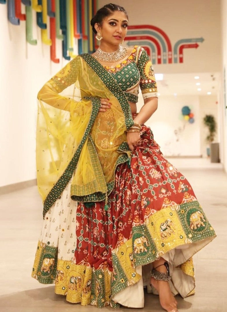 Multicolor butter silk digital printed real mirror work lehenga choli