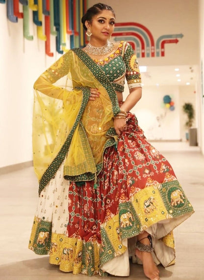 Multicolor butter silk digital printed real mirror work lehenga choli