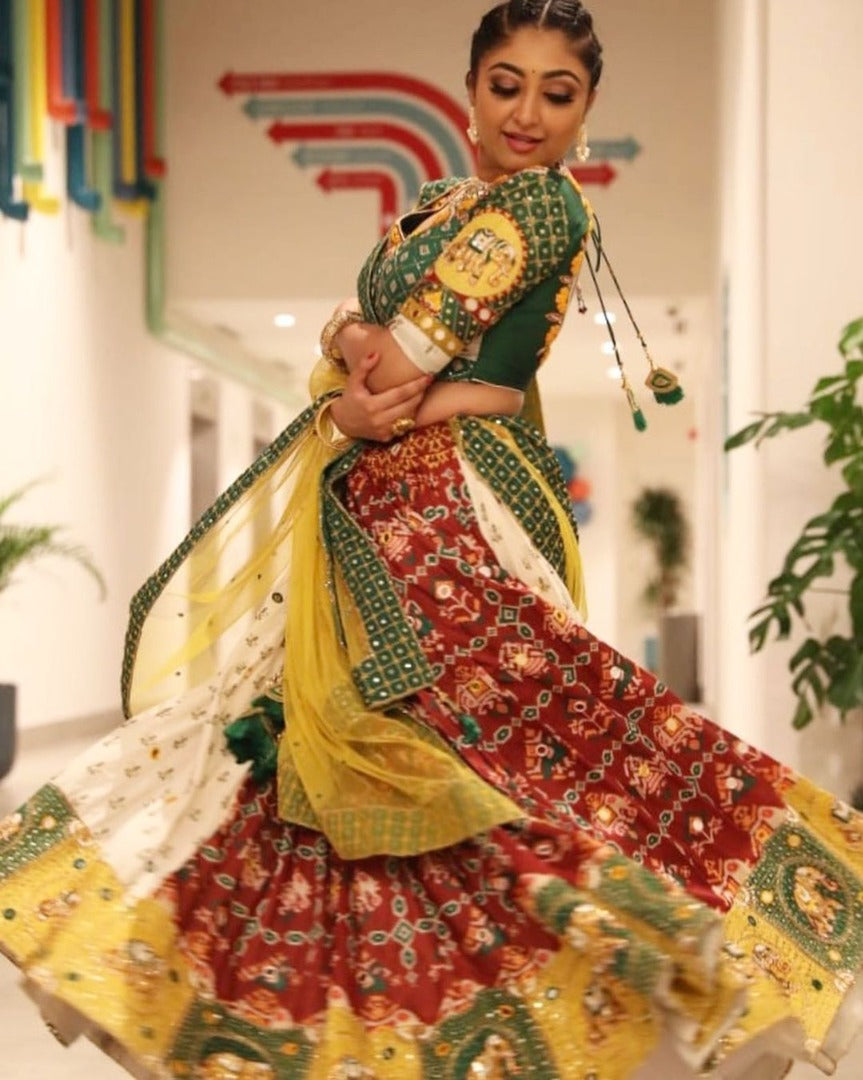 Multicolor butter silk digital printed real mirror work lehenga choli