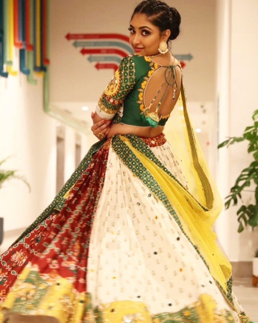Multicolor butter silk digital printed real mirror work lehenga choli