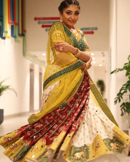 Multicolor butter silk digital printed real mirror work lehenga choli