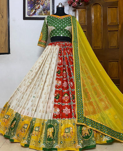 Multicolor butter silk digital printed real mirror work lehenga choli