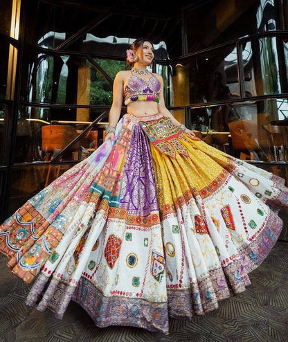 Multicolor butter silk digital printed real mirror work navratri festival lehenga chaniya choli