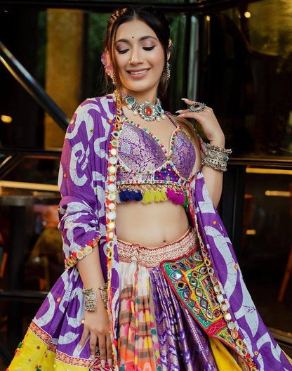 Multicolor butter silk digital printed real mirror work navratri festival lehenga chaniya choli