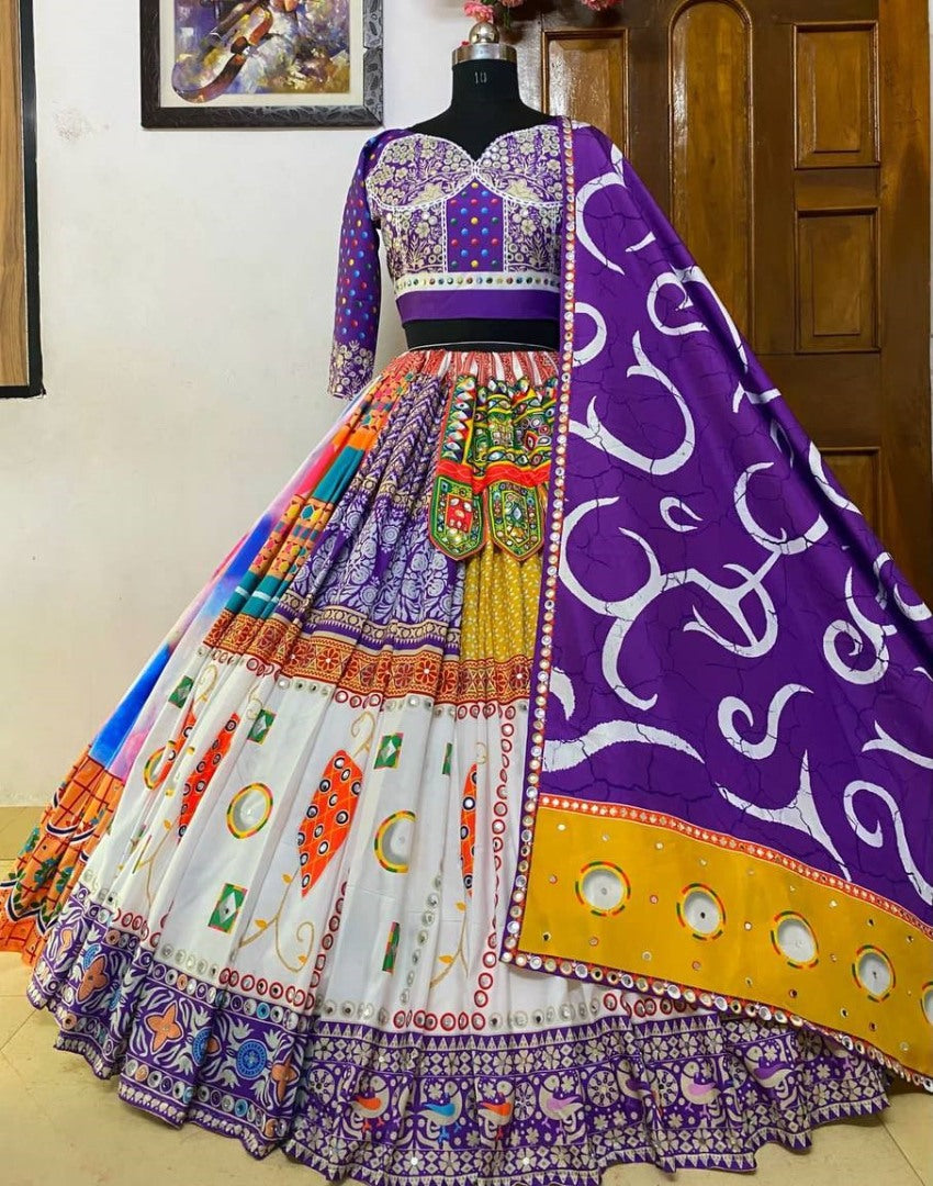 Multicolor butter silk digital printed real mirror work navratri festival lehenga chaniya choli