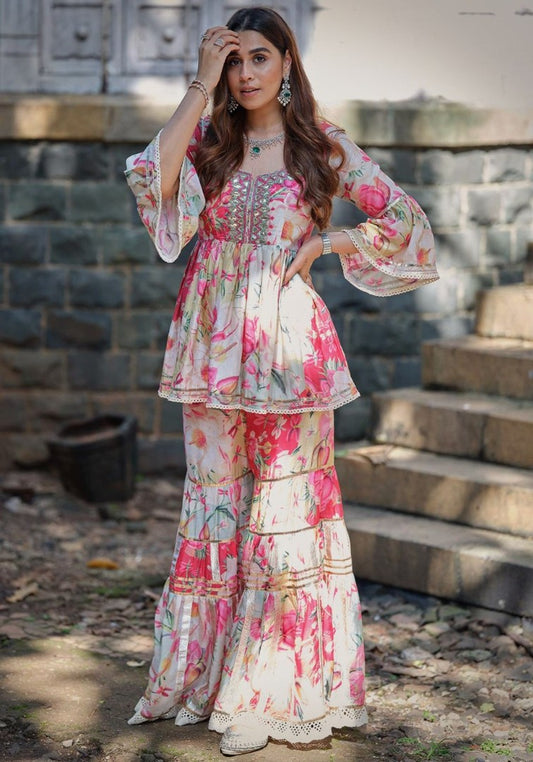 Multicolor butter silk digital printed sharara suit