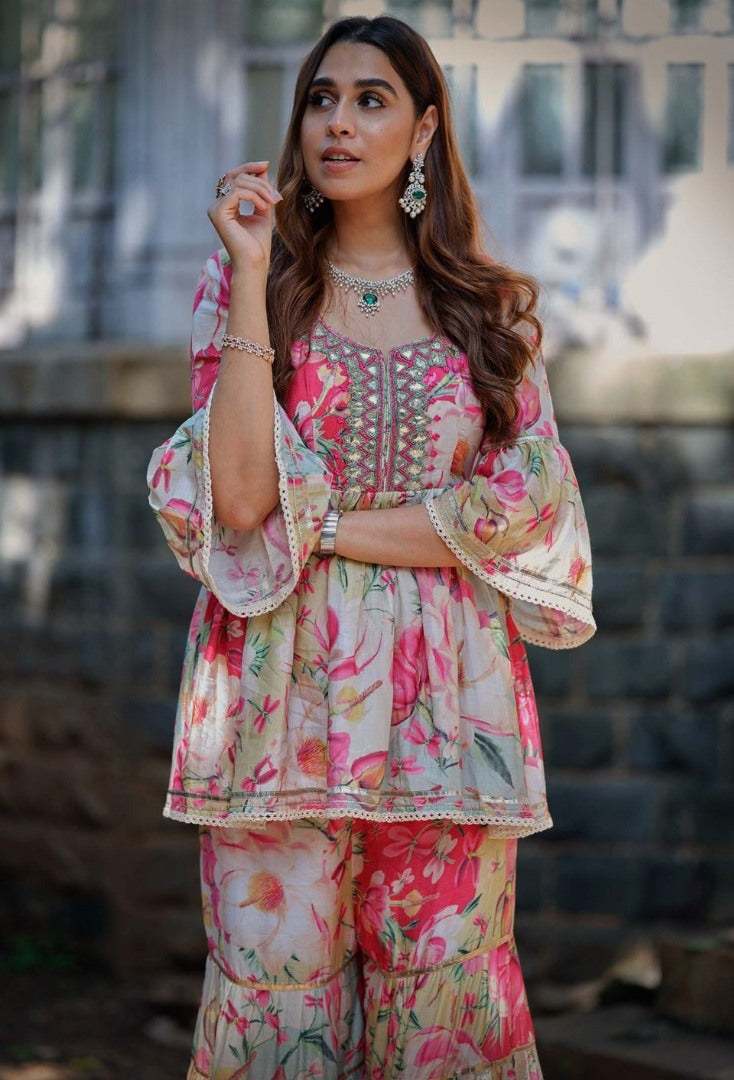 Multicolor butter silk digital printed sharara suit