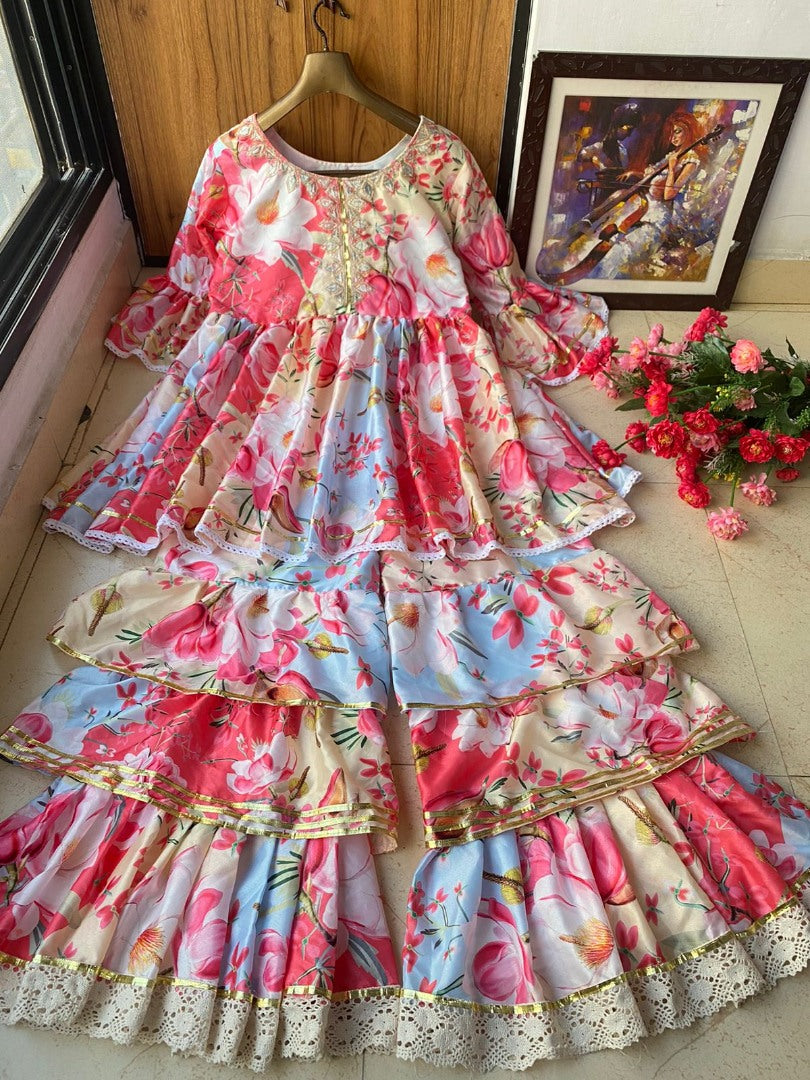 Multicolor butter silk digital printed sharara suit