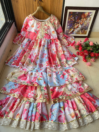 Multicolor butter silk digital printed sharara suit