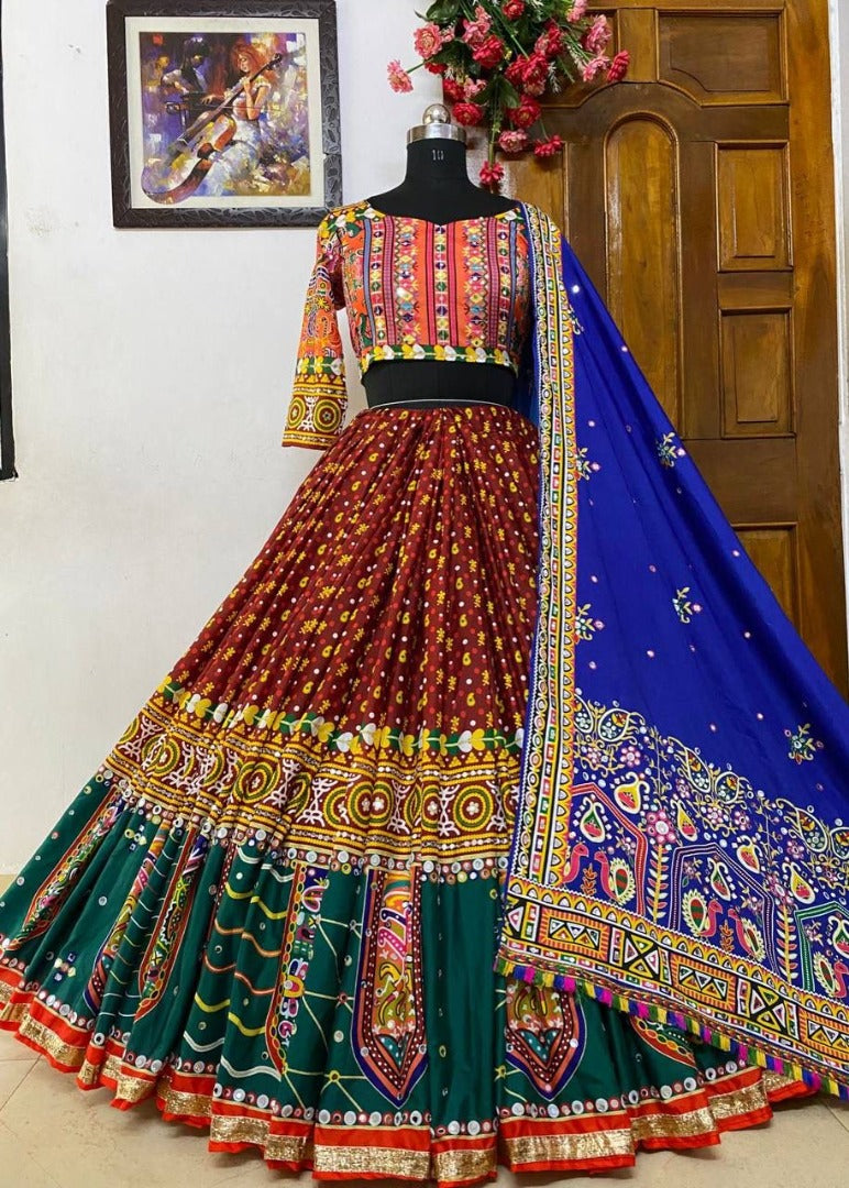 Multicolor butter silk print and mirror work navratri special lehenga choli