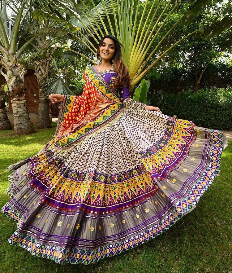 Multicolor butter silk print gota patti and mirror work navratri festival lehenga choli