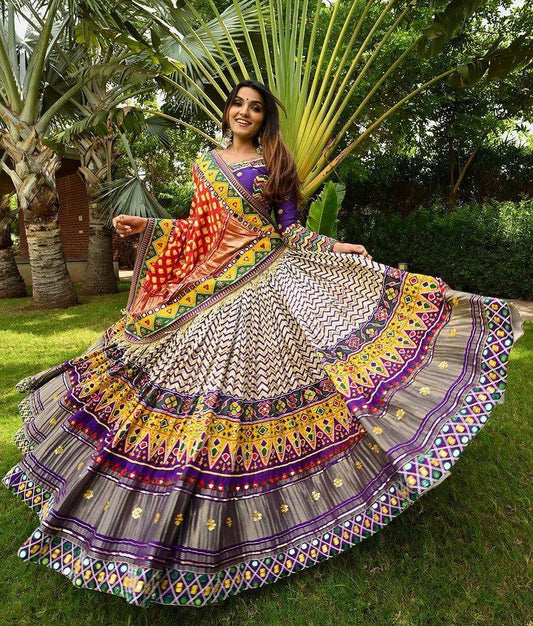 Multicolor butter silk print gota patti and mirror work navratri festival lehenga choli