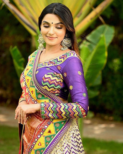 Multicolor butter silk print gota patti and mirror work navratri festival lehenga choli