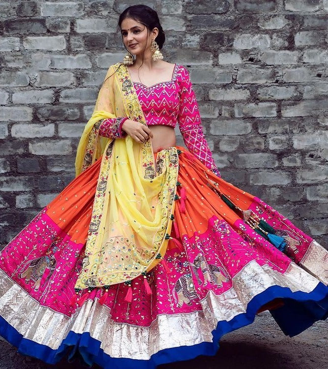 Multicolor butter silk printed and embroidered wedding lehenga choli