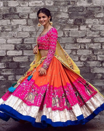 Multicolor butter silk printed and embroidered wedding lehenga choli