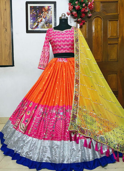 Multicolor butter silk printed and embroidered wedding lehenga choli