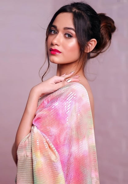 Multicolor chinon silk sequence embroidered saree