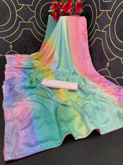 Multicolor chinon silk sequence embroidered saree