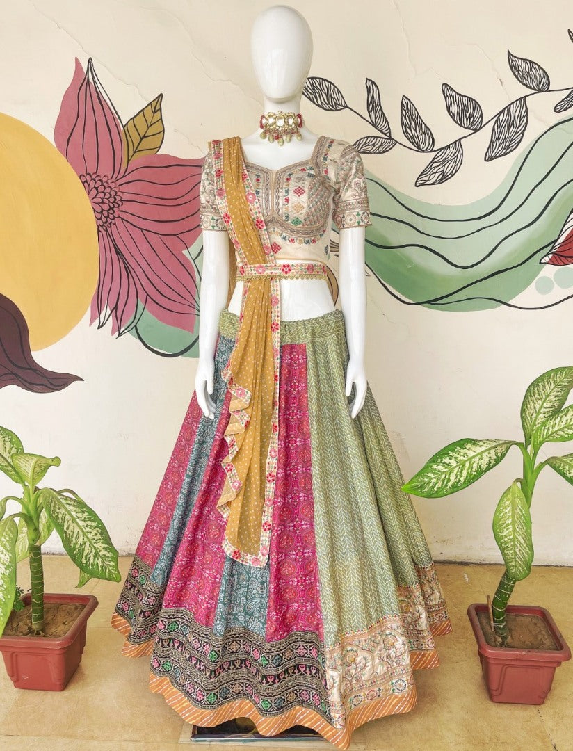 Multicolor cotton heavy embroidery work and print rajwadi designer lehenga choli
