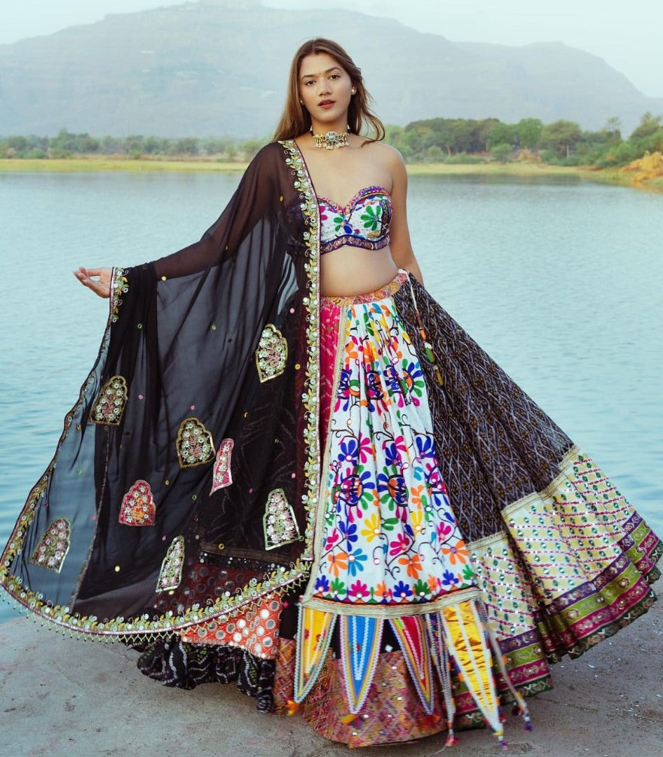 Multicolor cotton mirror work gujarati garba lehenga ghagra chaniya choli