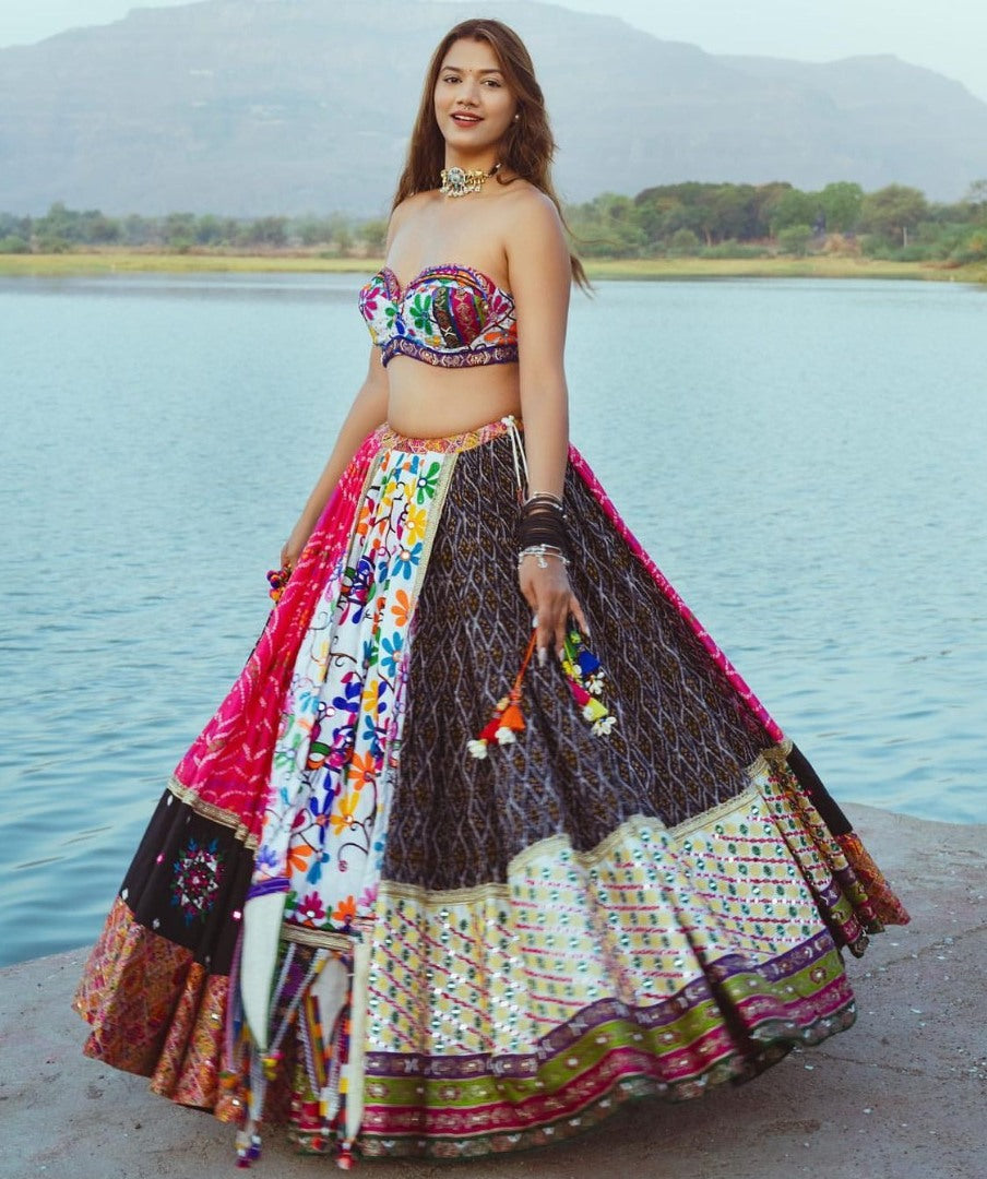 Multicolor cotton mirror work gujarati garba lehenga ghagra chaniya choli