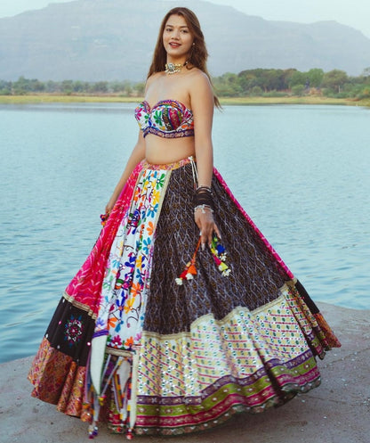 Multicolor cotton mirror work gujarati garba lehenga ghagra chaniya choli