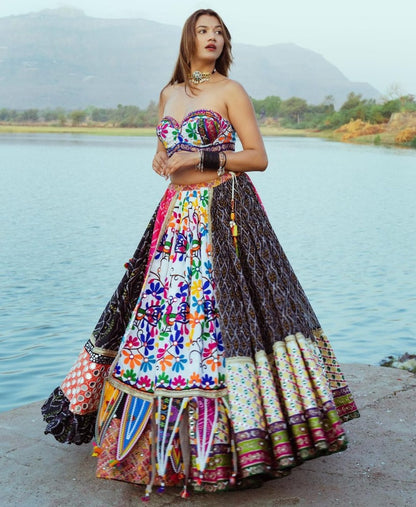 Multicolor cotton mirror work gujarati garba lehenga ghagra chaniya choli