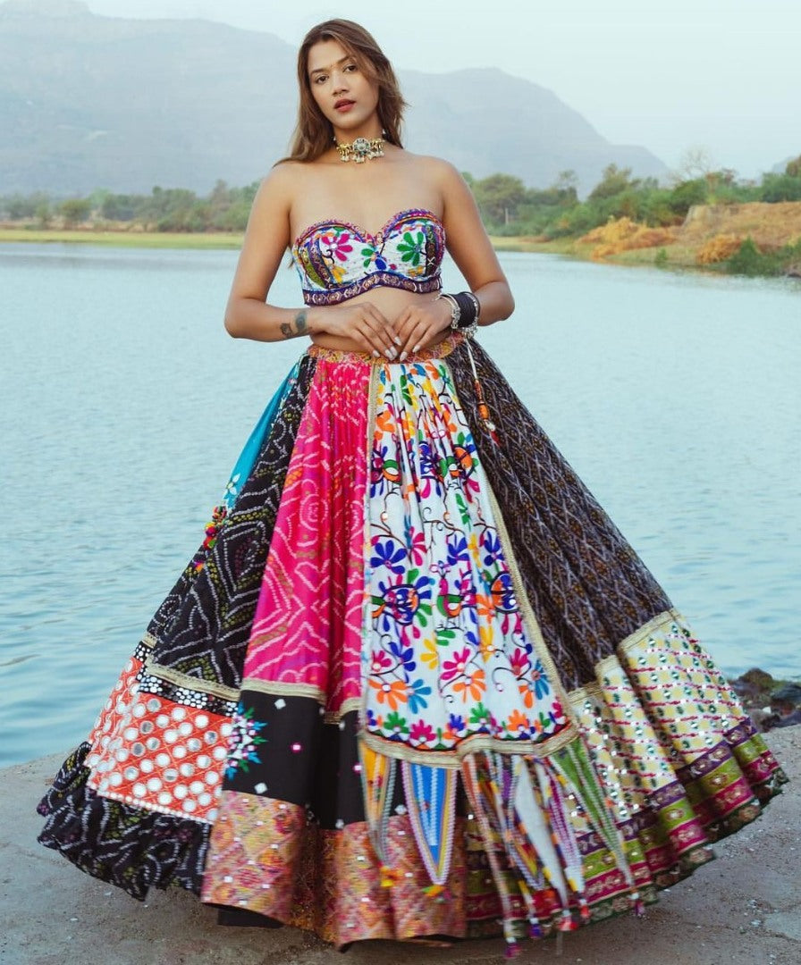 Multicolor cotton mirror work gujarati garba lehenga ghagra chaniya choli