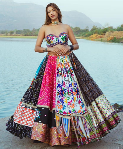 Multicolor cotton mirror work gujarati garba lehenga ghagra chaniya choli