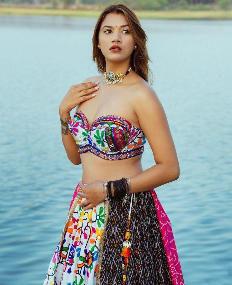 Multicolor cotton mirror work gujarati garba lehenga ghagra chaniya choli