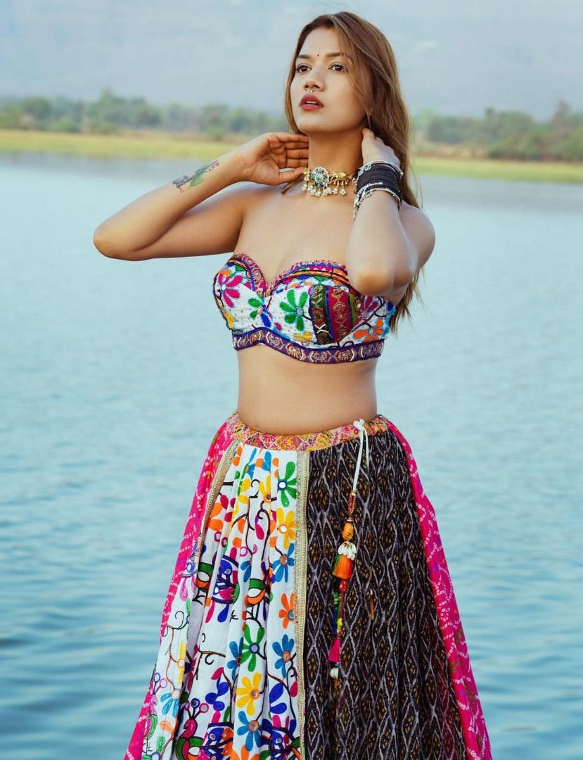 Multicolor cotton mirror work gujarati garba lehenga ghagra chaniya choli