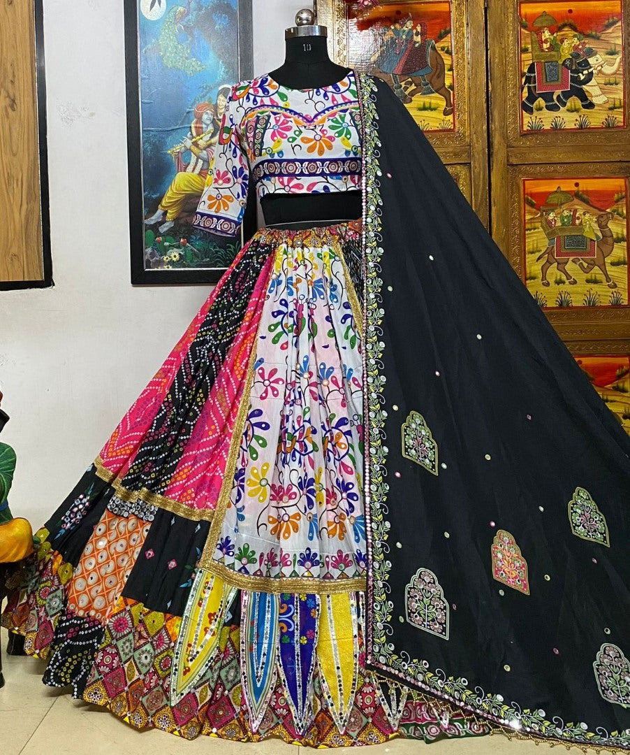 Multicolor cotton mirror work gujarati garba lehenga ghagra chaniya choli