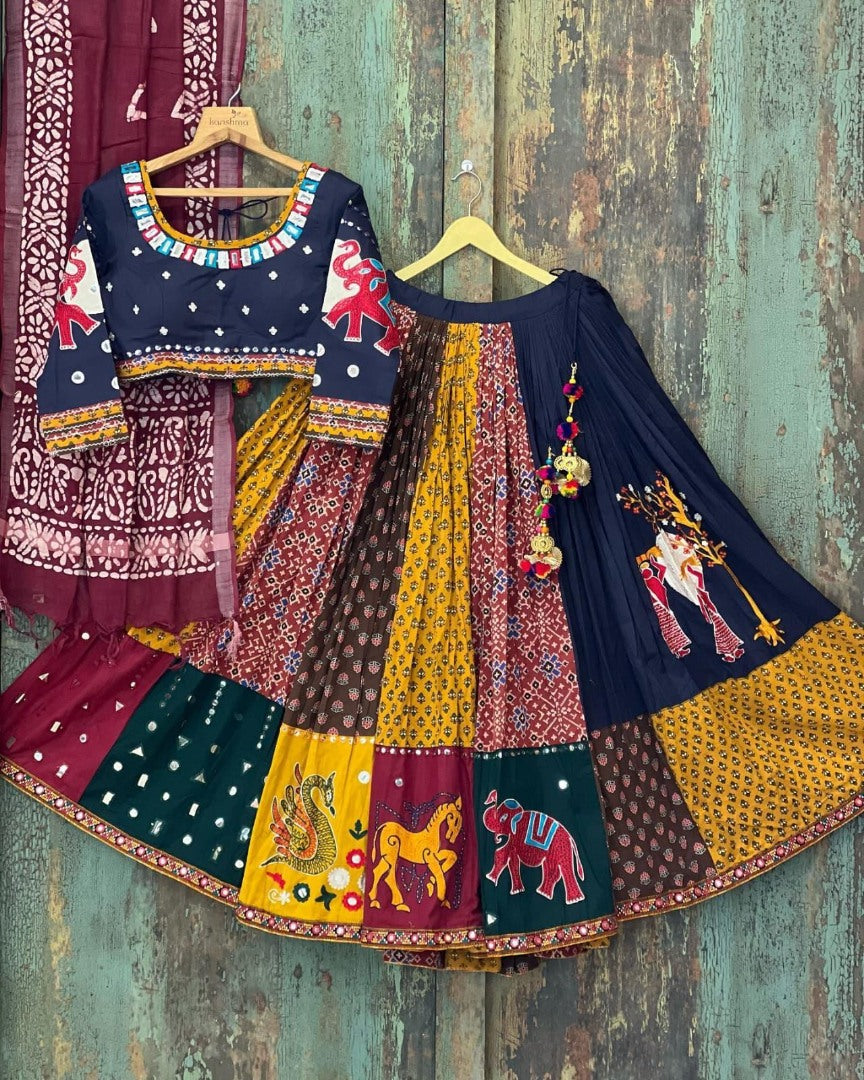 Multicolor cotton print and mirror work gujarati garba navratri lehenga chaniya choli