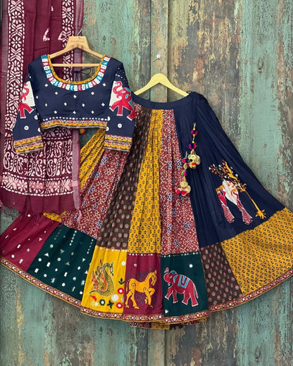 Multicolor cotton print and mirror work gujarati garba navratri lehenga chaniya choli