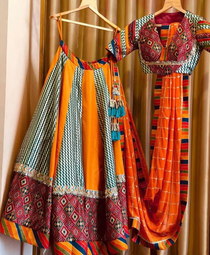 Multicolor cotton print and mirror work gujarati garba navratri lehenga chaniya choli