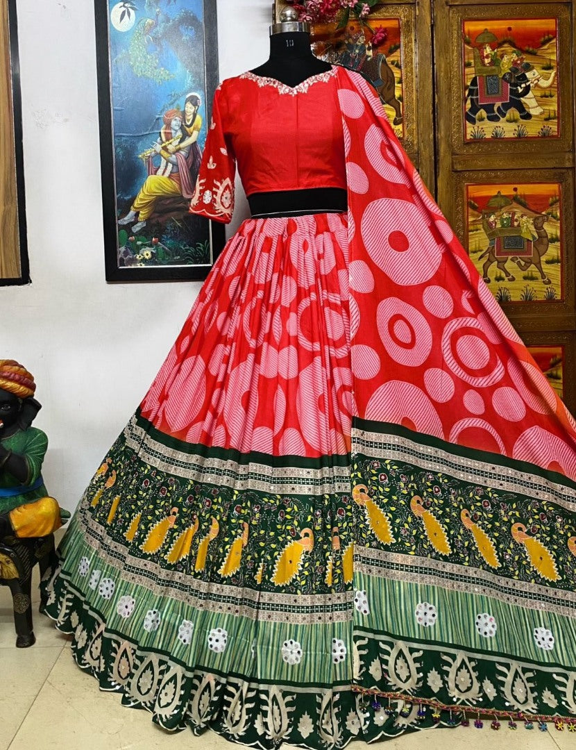 Multicolor cotton print and mirror work gujarati garba navratri lehenga chaniya choli