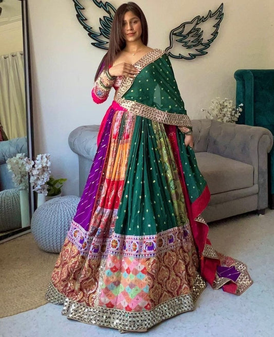 Multicolor cotton print and mirror work gujarati garba navratri lehenga chaniya choli