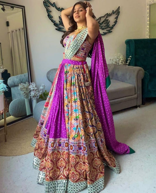 Multicolor cotton print and mirror work gujarati garba navratri lehenga chaniya choli