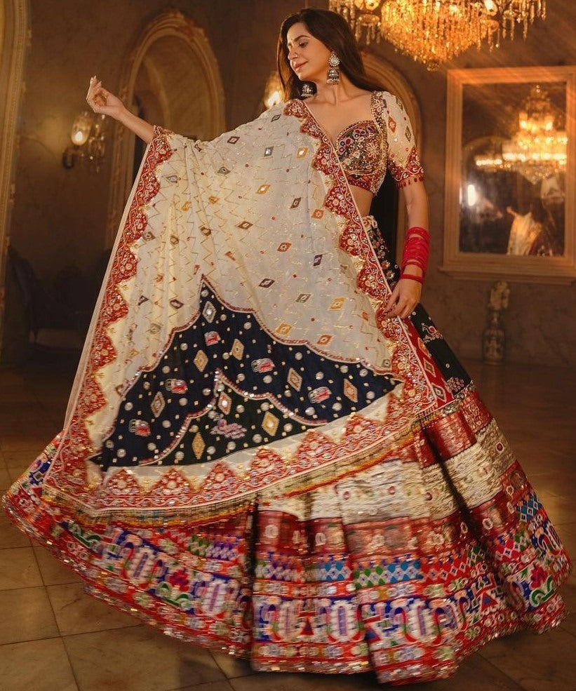 Multicolor cotton print and mirror work gujarati garba navratri lehenga chaniya choli