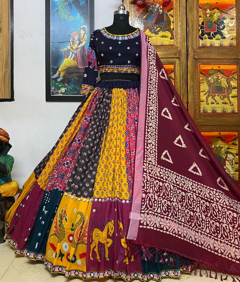 Multicolor cotton print and mirror work gujarati garba navratri lehenga chaniya choli