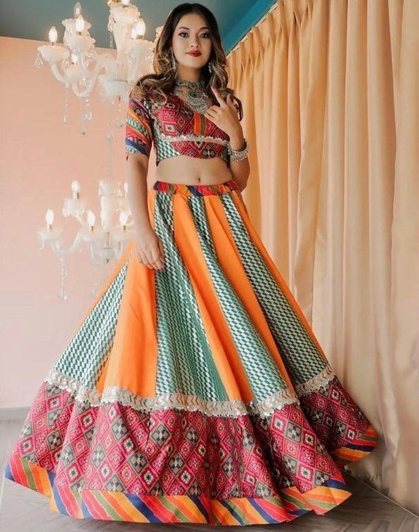 Multicolor cotton print and mirror work gujarati garba navratri lehenga chaniya choli