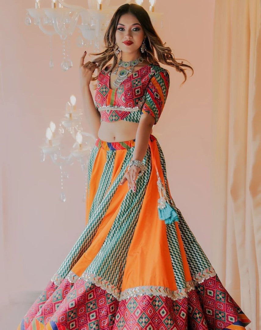 Multicolor cotton print and mirror work gujarati garba navratri lehenga chaniya choli