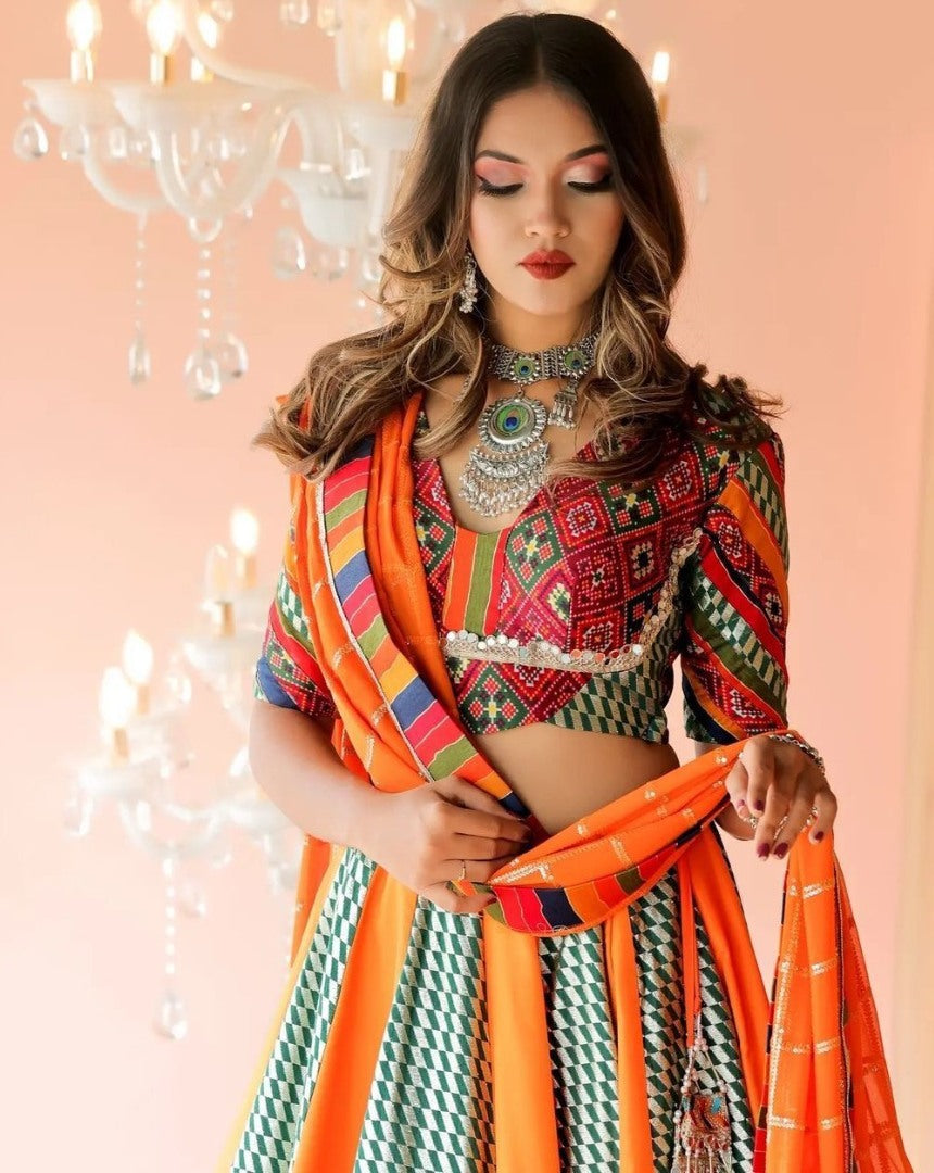 Multicolor cotton print and mirror work gujarati garba navratri lehenga chaniya choli