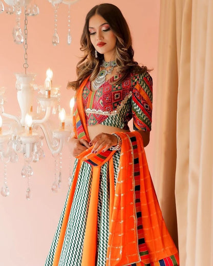 Multicolor cotton print and mirror work gujarati garba navratri lehenga chaniya choli