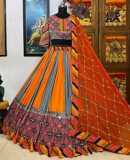 Multicolor cotton print and mirror work gujarati garba navratri lehenga chaniya choli